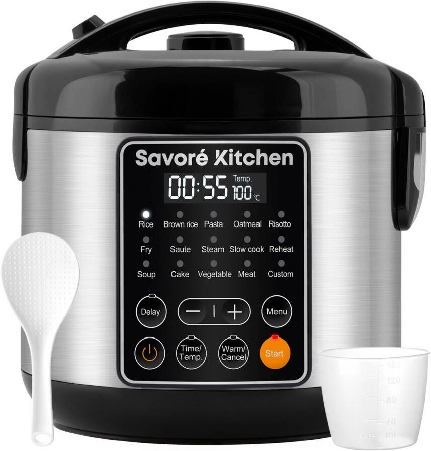 Savoré Kitchen Rijstkoker met Stomer – 3L – 14 Programma s – Multicooker – Rice Cooker – Slowcooker – PFAS Vrij – Zwart RVS