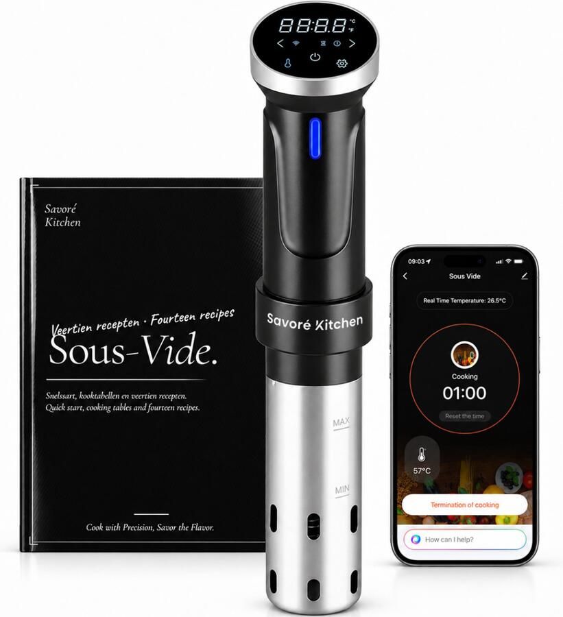 Savoré Kitchen Sous Vide Stick Met Kookboek Wifi via Tuya Smart App 25–92 5 °C Touchbediening BPA-vrij Zwart RVS