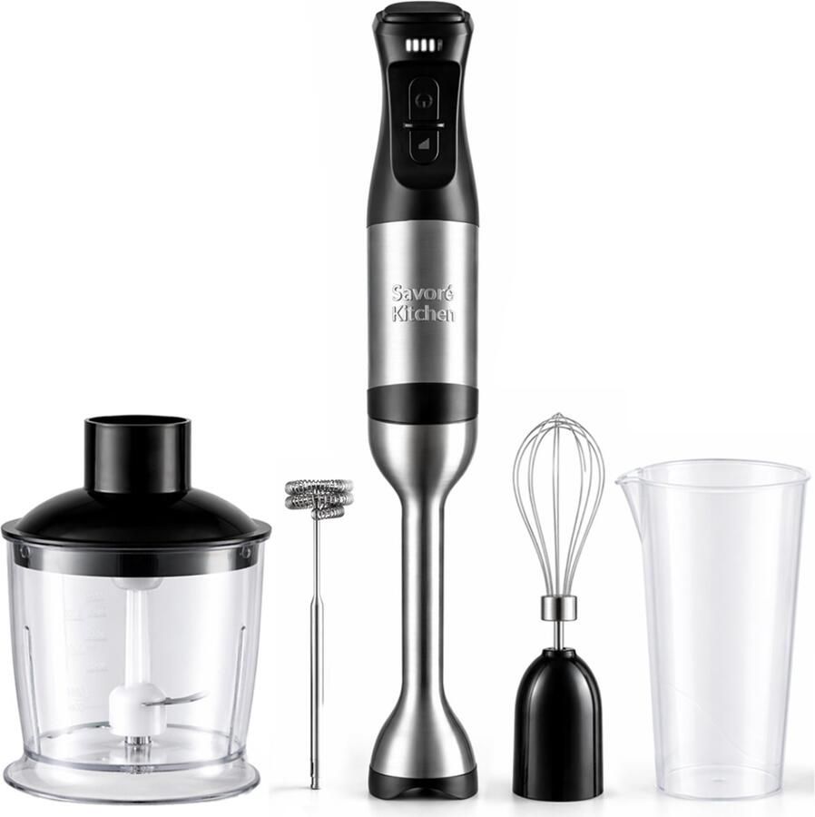 Savoré Kitchen Staafmixer Pro+ 1500W – Mixer Set met Hakmolen 600ml Garde Melkopschuimer en Maatbeker – 5 Snelheden – 6 Messen – RVS