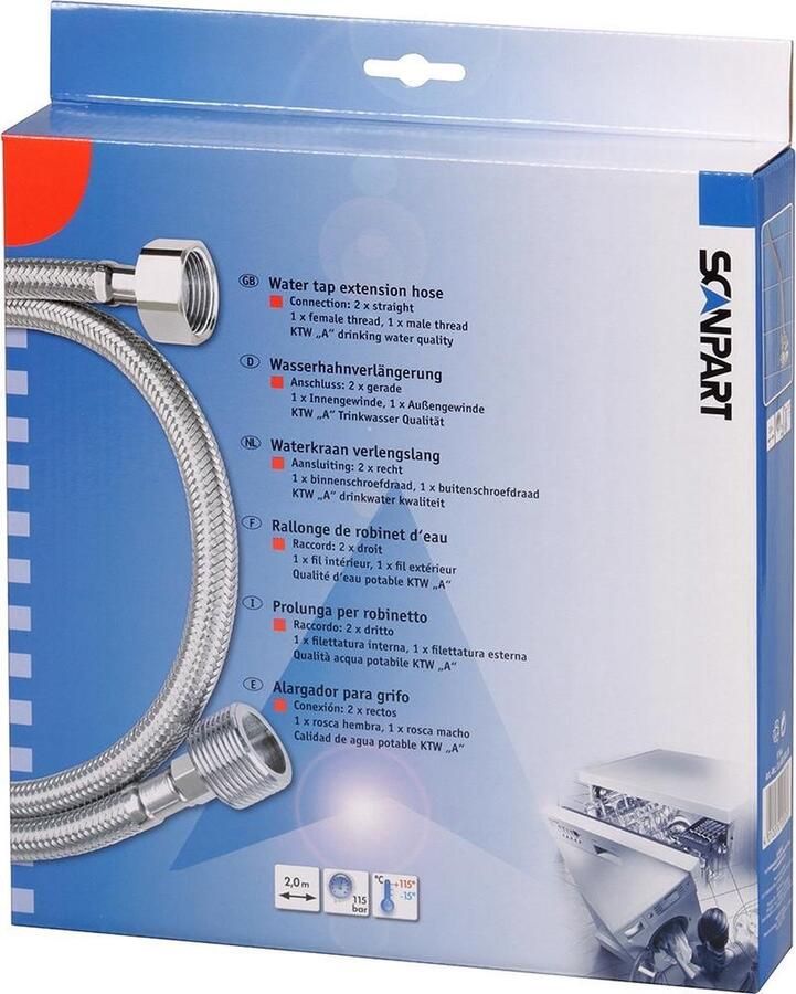 Scanpart gepantserde verlengslang 2 meter Veilige verlenging van waterslang Geschikt voor wasmachine vaatwasser boiler koffiezetapparaten ijsblokjesmachine side-by-side koelkasten KTW-A en DVGW goedgekeurd Gevlochten RVS Universeel