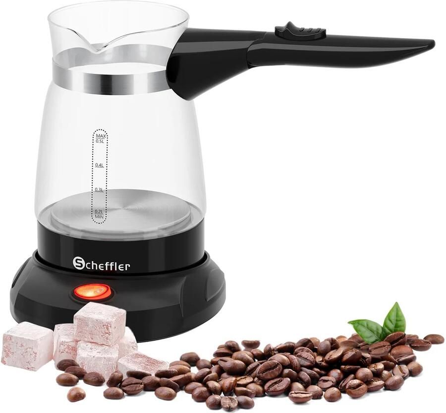 Scheffler Elektrische Turkse Koffiemaker 600W 0 5L-Glazen Cezve Moka-Pot Espressomaker Turkse koffiezetapparaat 360°- draaibare basis BPA vrij Automatische uitschakeling Waterkoker functie 4-6 Kopjes Zwart Compact design