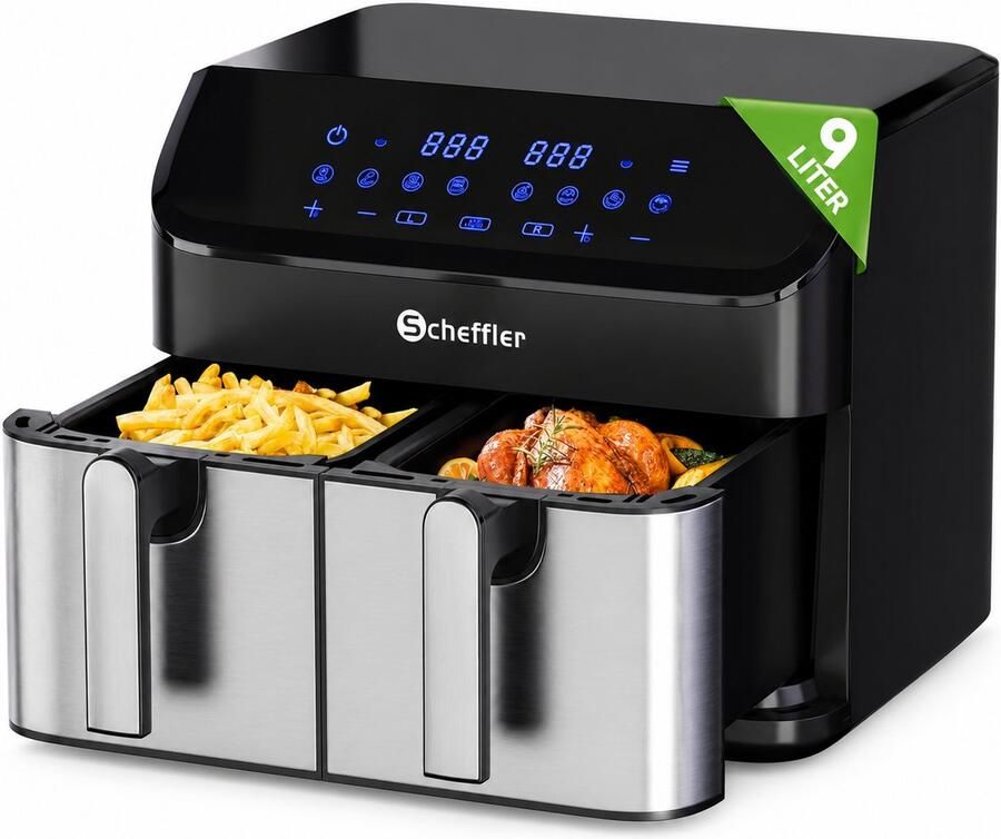 Scheffler heteluchtfriteuse met 2 compartimenten 9 liter inhoud 8 programma's Dual Cook & Sync Finish