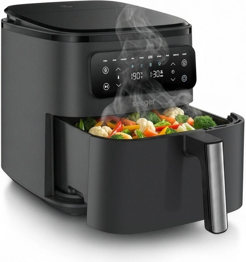 SEEGER Airfryer met Stoomfunctie XXL 7 Liter SteamFry 8 Programma's PFAS-vrij tot 8 Personen 1.1 Liter Watertank