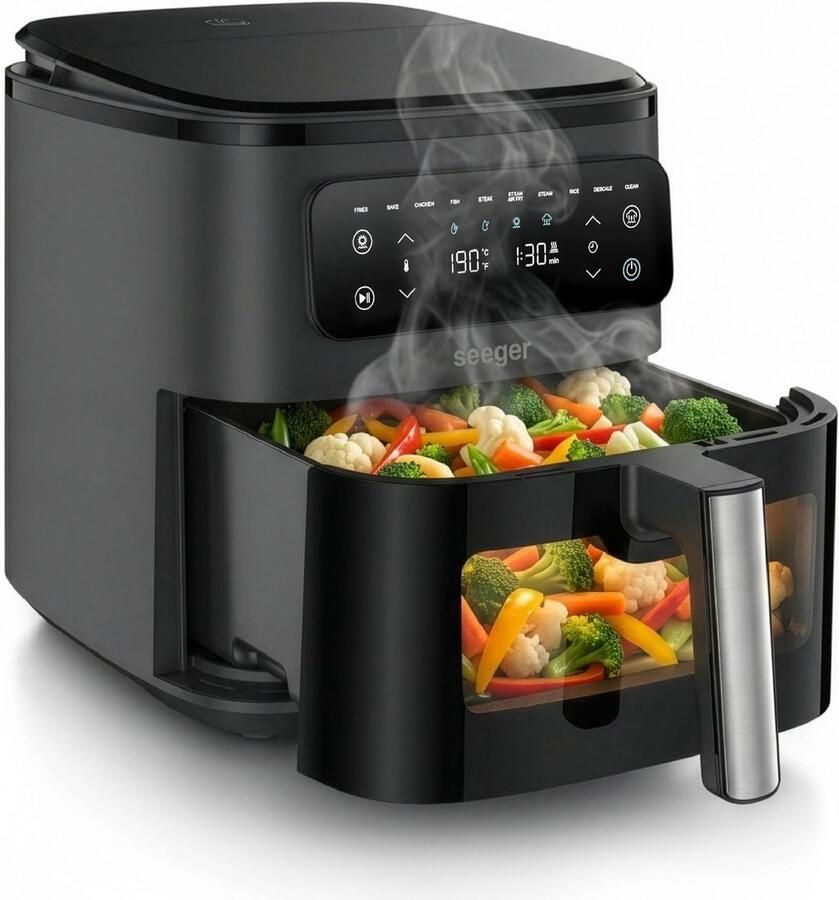 SEEGER Airfryer met Stoomfunctie XXL 7 Liter SteamFry Kijkvenster 8 Programma's PFAS-vrij tot 8 Personen
