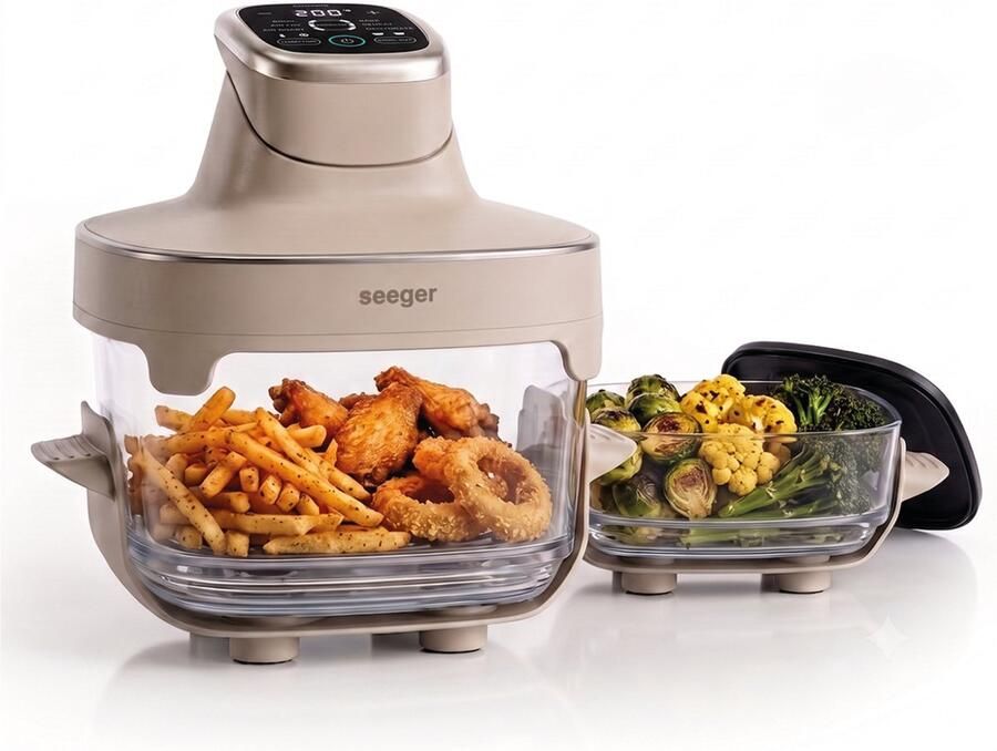 SEEGER ClearFry Glazen Airfryer 6 Programma's PFAS-Vrij 60°C Tot 200°C 2.5L + 4.5L Glazen Containers Beige