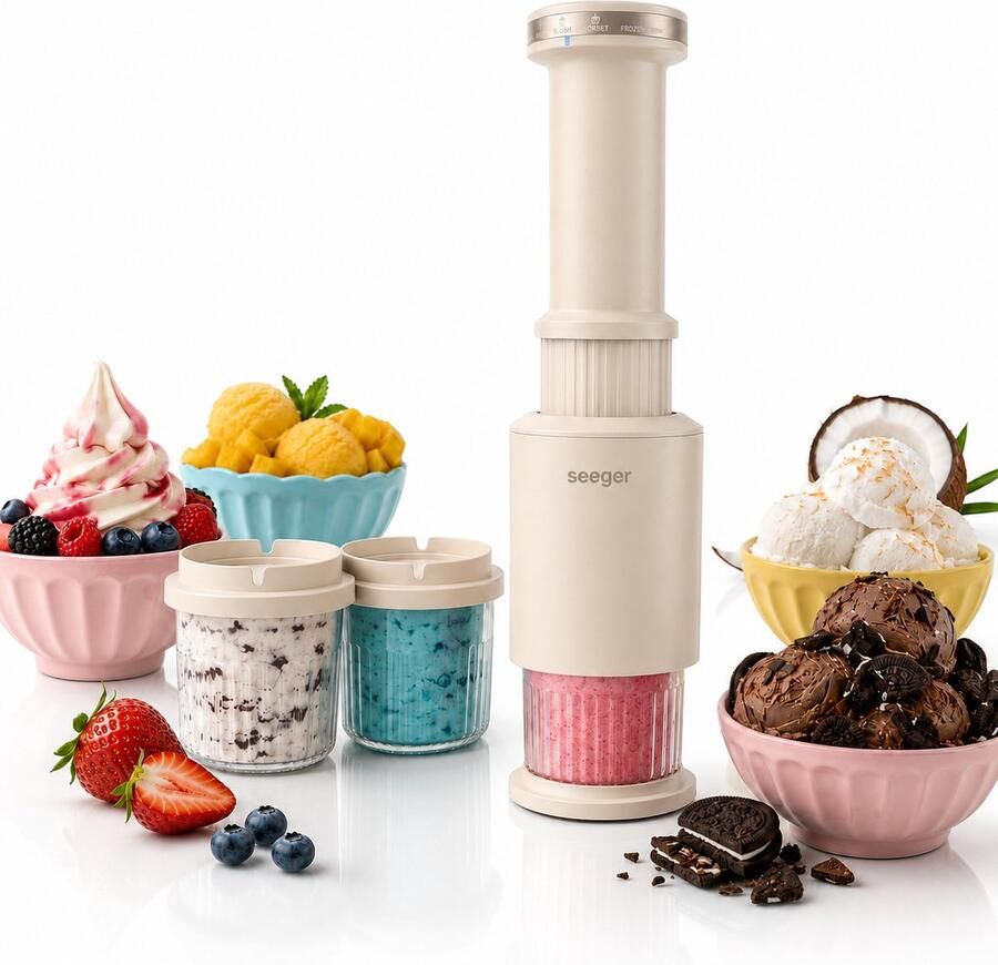 SEEGER CompactCream 5-in-1 IJsmachine Inclusief 3 Bekers met Deksels Gemakkelijk op te bergen Voor IJs Sorbet en meer BPA-vrij Beige