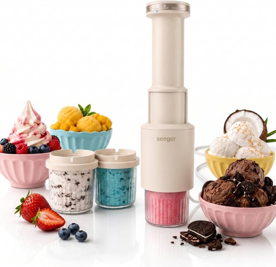 SEEGER CompactCream 5-in-1 IJsmachine Inclusief 3 Bekers met Deksels Gemakkelijk op te bergen Voor IJs Sorbet en meer BPA-vrij Beige