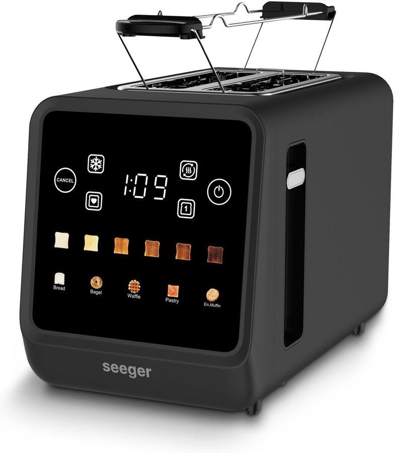 SEEGER Digital Toaster Broodrooster met touchscreen 2 Sleuven Timerfunctie Ontdooien & Opwarmen 6 Bruiningsniveaus Met Kruimellade Zwart
