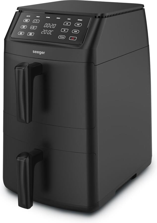 SEEGER Dubbele Airfryer 11 liter 6 kookprogramma's Temperatuurbereik 40°C–200°C PFAS-vrij Gestapelde lades Voor 10 personen Digitaal Touchscreen SGR1011BK