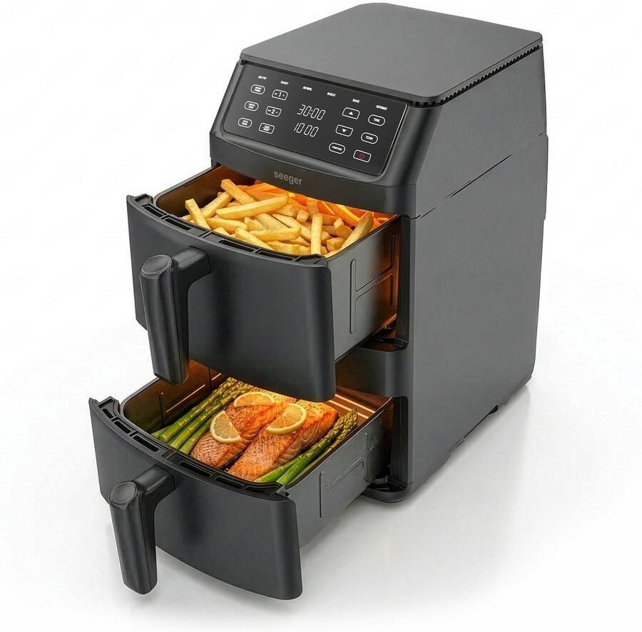 SEEGER Dubbele Airfryer 11 liter 6 kookprogramma's Temperatuurbereik 40°C–200°C PFAS-vrij Gestapelde lades Voor 10 personen Digitaal Touchscreen SGR1011BK