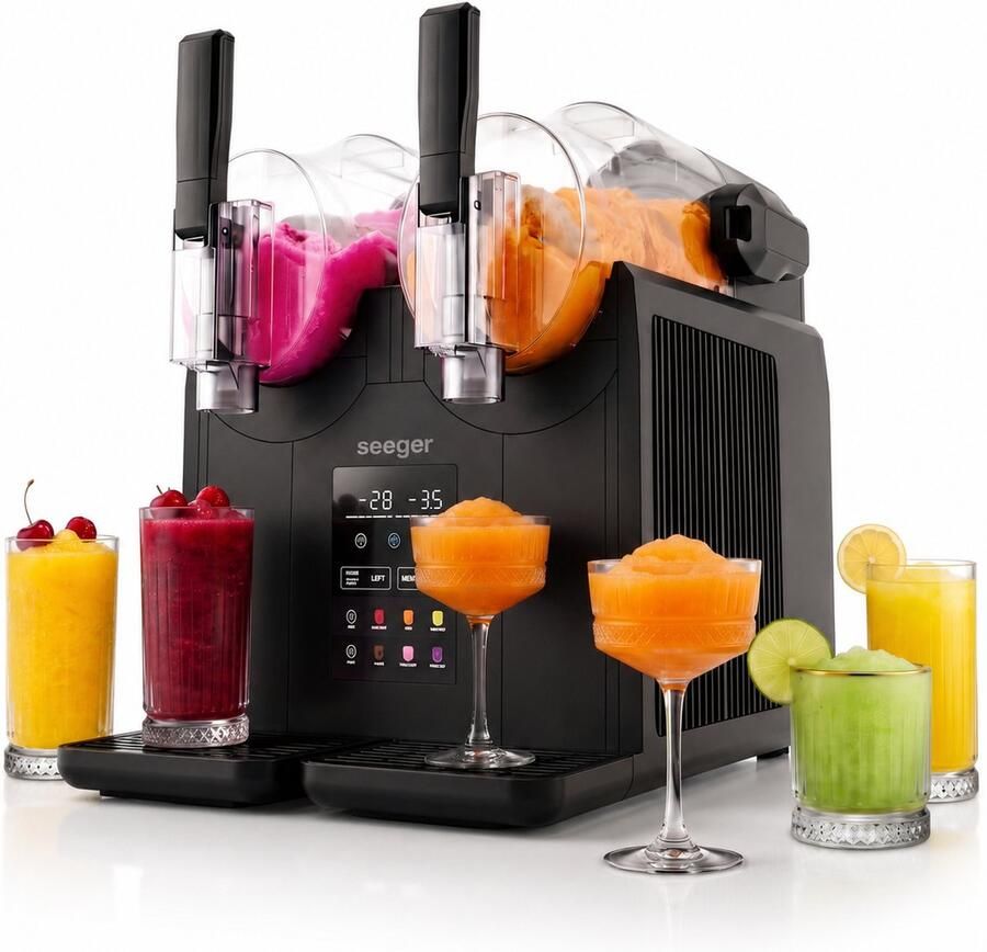 SEEGER SuperSlush Twin Dubbele Slush Machine voor Thuis 7 Programma's Geen IJs nodig Slush Puppy Maker Slushi Granita Frappé Milkshakes en meer Zelfreinigingsmodus Zwart