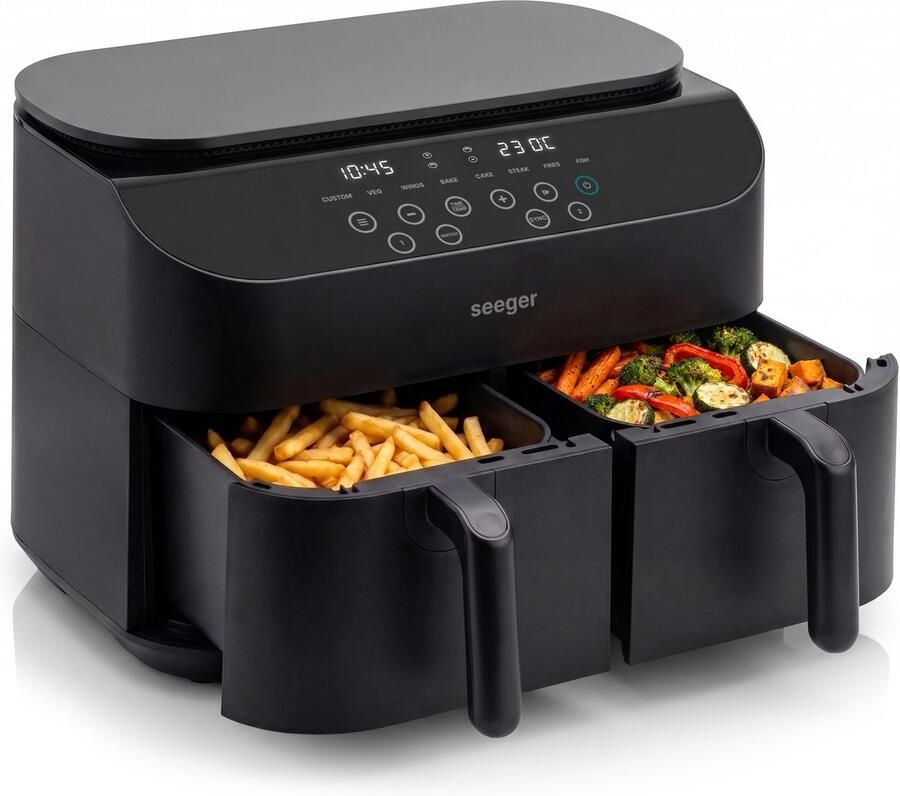 SEEGER TwoFry Dubbele Airfryer XXL 10 Liter 40°C tot 230°C 8 Programma's Sync en Match PFAS-vrij 2 Lades