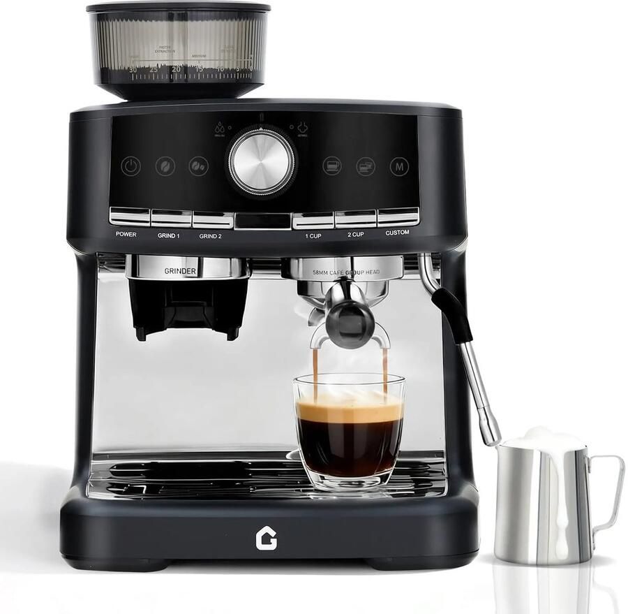 Sello! espressomachine – koffiemolen – melkopschuimer – cappuccino – latte – verse bonen – 30 maalstanden – 1350W RVS