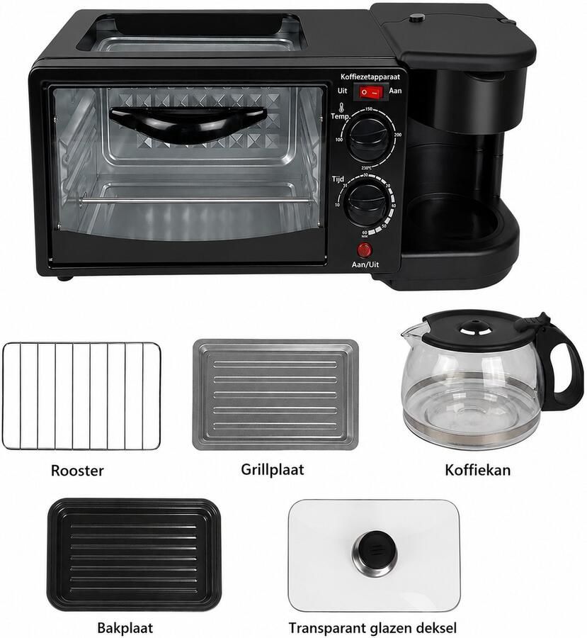 Sello! ontbijtstation – 3 in 1 – koffiezetapparaat 6 liter – oven – bakplaat – timer – compact L18 x B46 x H 19 5 cm – zwart
