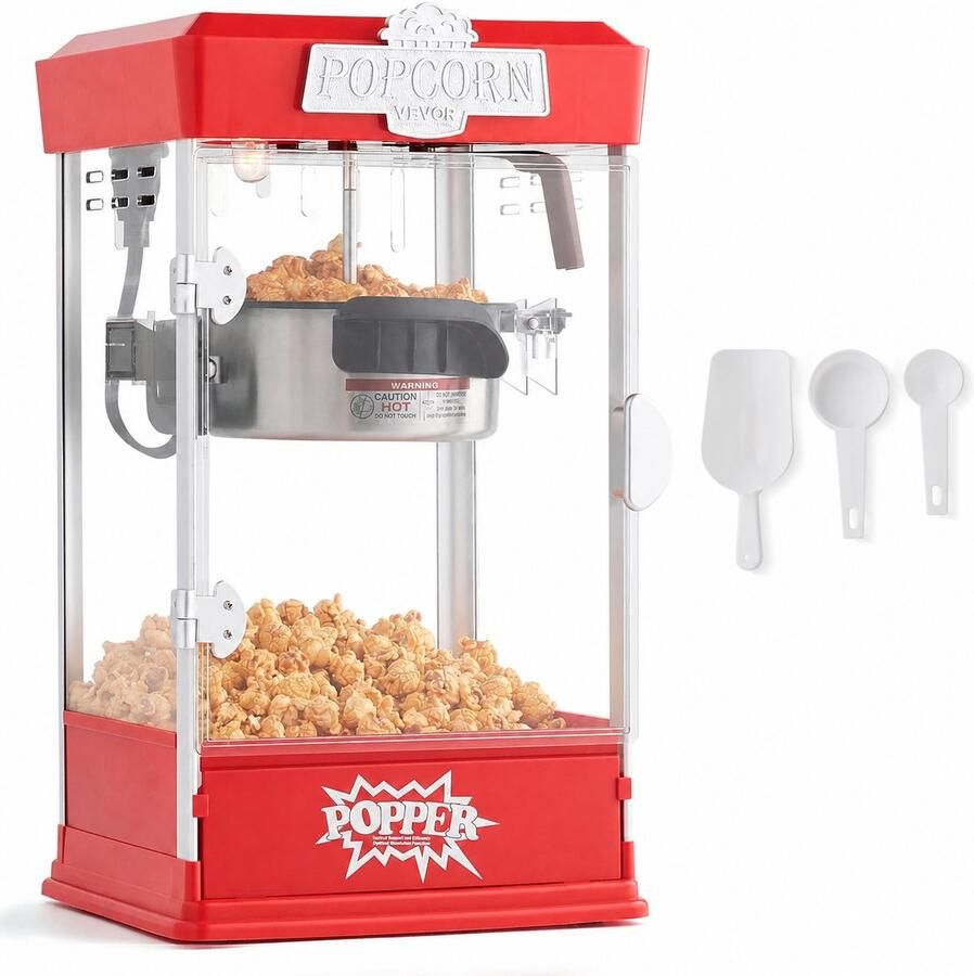 Sello! popcorn machine – compact tafelmodel – led verlichting – verwarmingsplaat – accessoire set – staal – gehard glas – rood