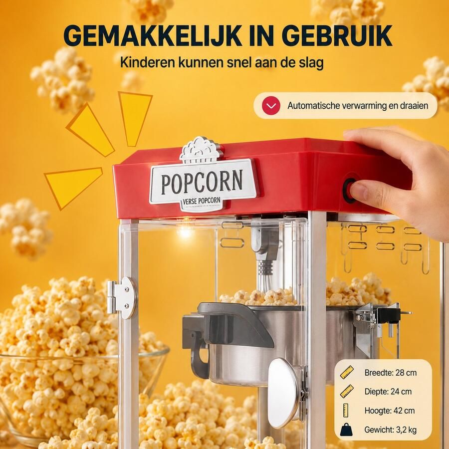 Sello! popcorn machine – compact tafelmodel – led verlichting – verwarmingsplaat – accessoire set – staal – gehard glas – rood