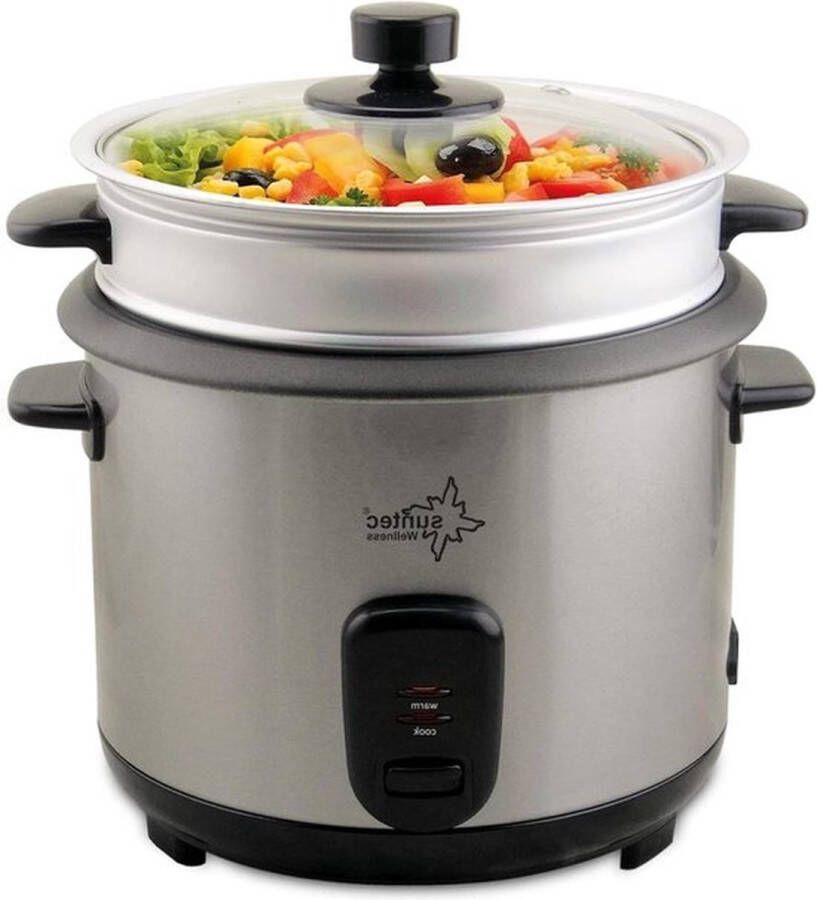 Senza Marchio 2-in-1 rijstkoker en stoompan Roestvrijstalen kookpan van 1 liter met antiaanbaklaag Stoominzet voor groenten Warmhoudfunctie Lepel & maatbeker RKO-9974 Thuy-Denise Zwart Elektrische keukenapparatuur