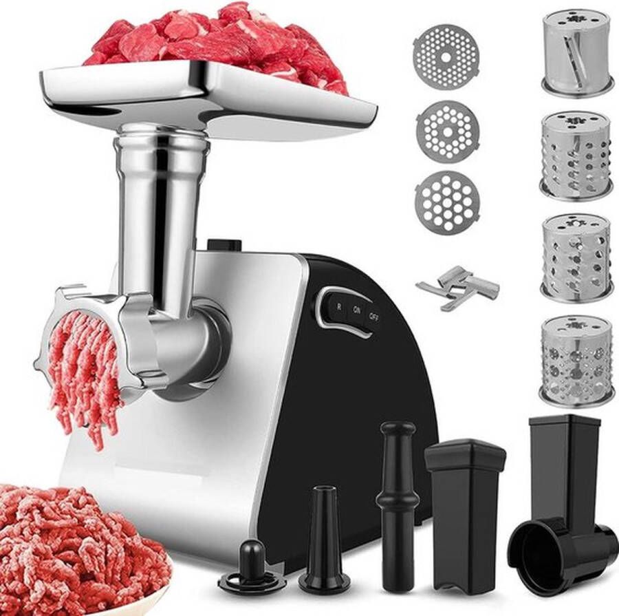 Senza Marchio Elektrische vleesmolen 5-in-1 Multifunctionele keukenmachine met 4 messen en 3 roestvrijstalen snijplaten Worstmachine Opzetstukken voor koekjes Zwart