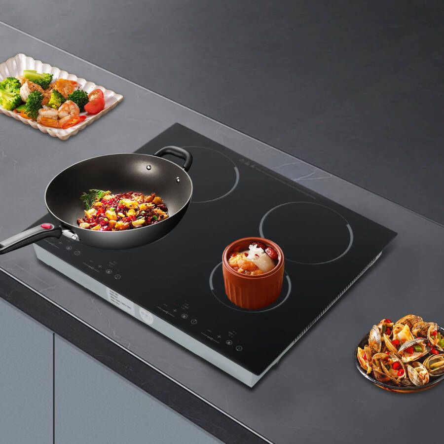 Senza Marchio KiwiHood Elektrische keramische kookplaat met 4 zones 6000 W 9 standen touchscreen-bediening infraroodtechnologie inbouwkookplaat voor efficiënt koken oververhittingsbeveiliging zwart 220 V