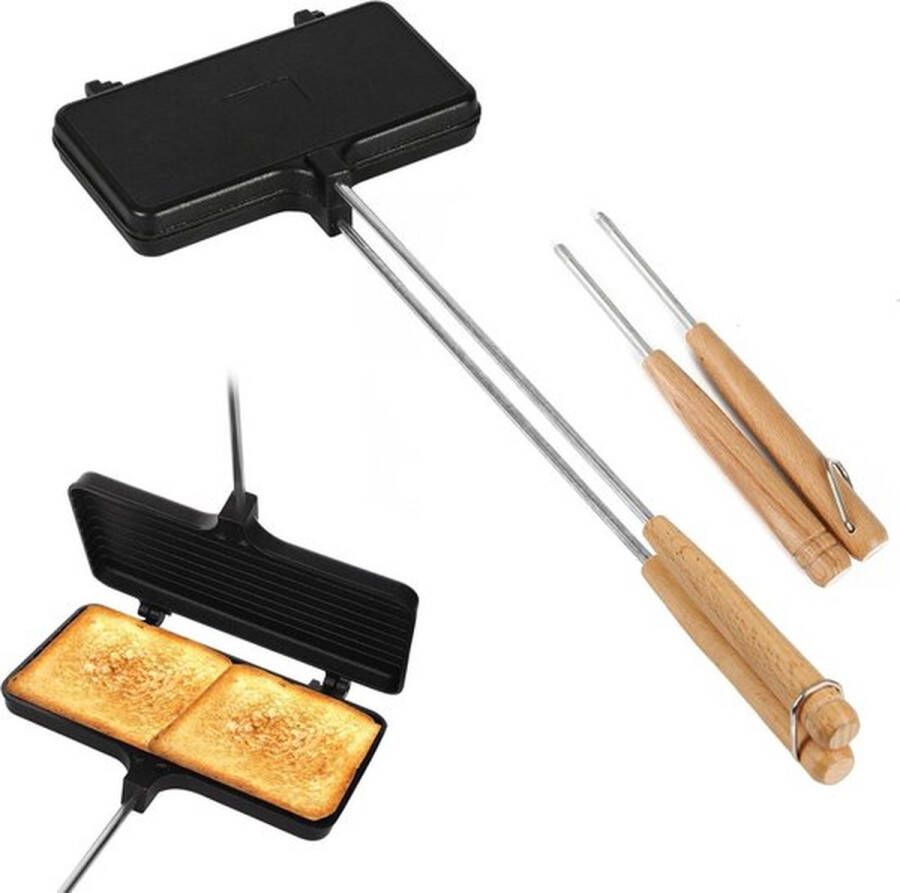 Senza Marchio Non-Stick Dubbele Taartijzers voor Kamperen Gietijzer met 4 Afneembare Handgrepen Draagbaar Kampvuur-Sandwichmaker Bergtaartmaker Kampvuurkookapparatuur