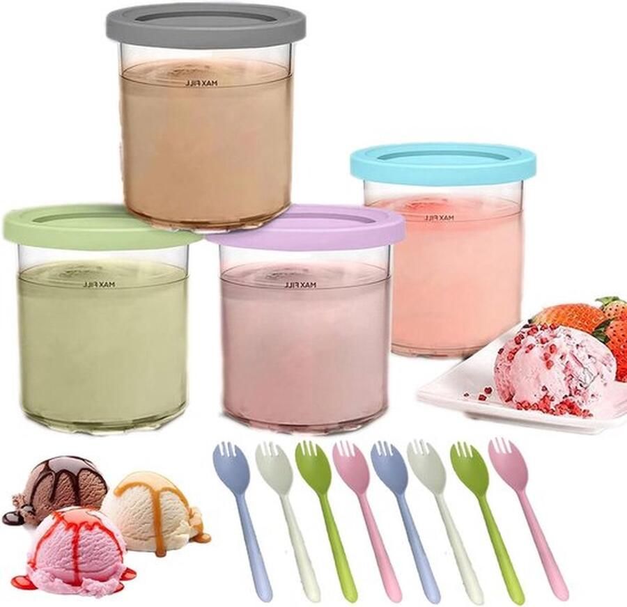 Senza Marchio Creami Tubs 4 stuks + 8 lepels herbruikbare ijspinnen Ninja ijsmachine accessoires BPA-vrij vaatwasmachinebestendig
