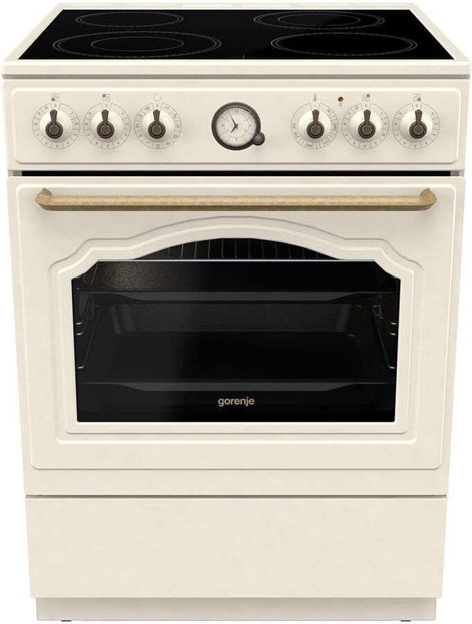 Senza Marchio Gorenje Classico GECS 6 B70CLI Elektrisch fornuis met glaskeramische kookplaat retro design 60 cm 71 liter Gentle Close snelopwarming AirFry ExtraSteam Pizzamodus AquaClean champagne ivoor