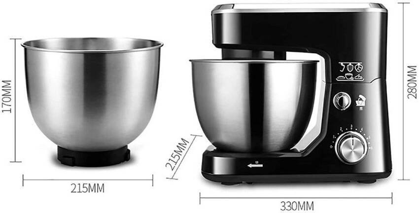 Senza Marchio Standmixer 6-snelheden kantelbare voedselmixer elektrische keukenmixer met deeghaak met kom Desktopmixer Huishoudelijke roestvrijstalen kloppers (kleur: zwart)
