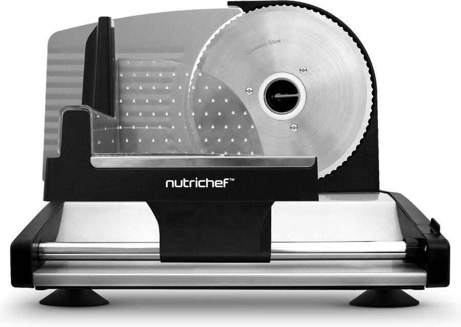 NUTRICHEF Vleessnijmachine 200W Automatische Vlees- en Broodsnijder Dikte Vestelbaar 0-15mm Verwijderbare RVS Snijblade Voedselduwer voor Veiligheid