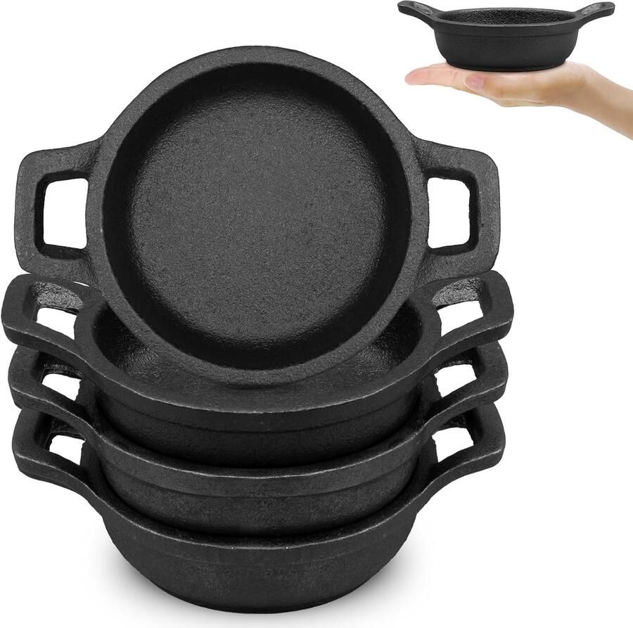 Set van 4 mini gietijzeren grillpannen met handvatten 10 cm
