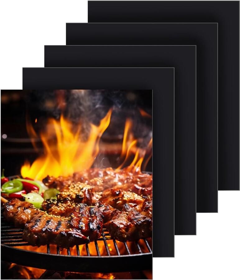 Set van 5 BBQ Grillmatten Zwart 50 x 40 cm Teflon Antiaanbaklaag Voor Gasgrill Houtskool en Oven