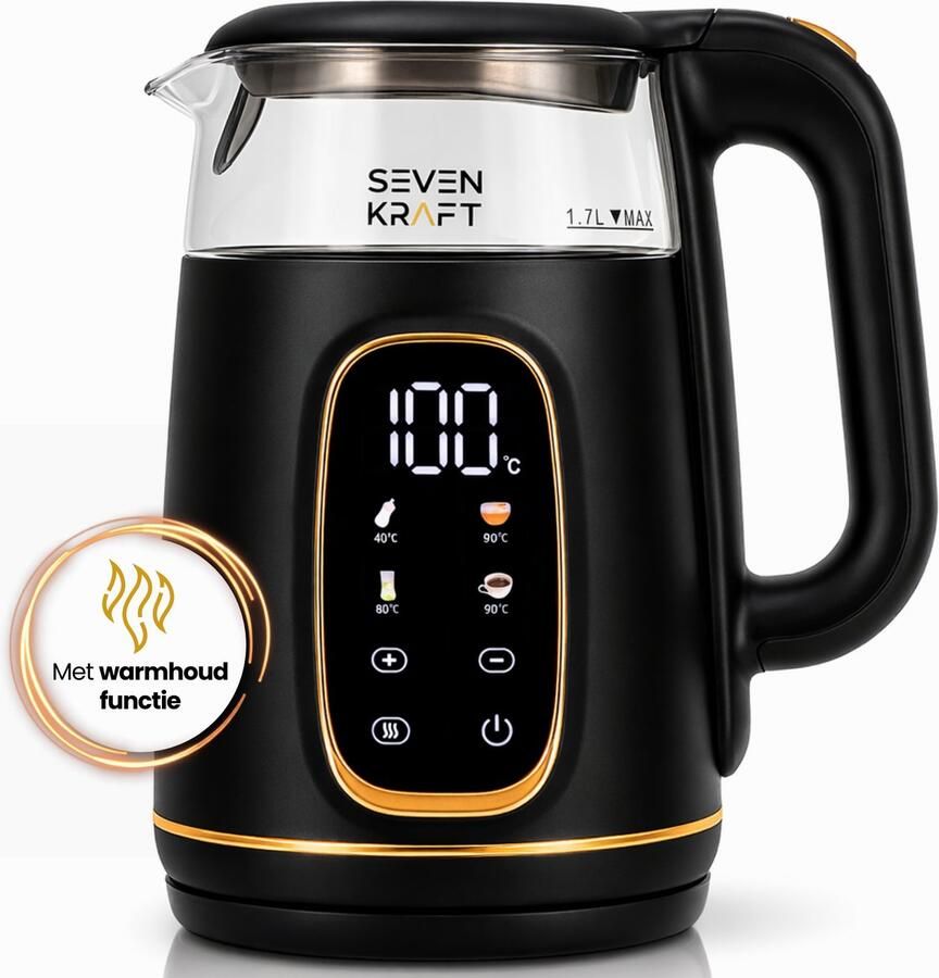 Sevenkraft Design Waterkoker 1 7L Instelbare Temperatuur (40-100°C) Zwart Goud- Waterkoker Retro Waterkoker met temperatuurregeling- Glas 2200W - Foto 1