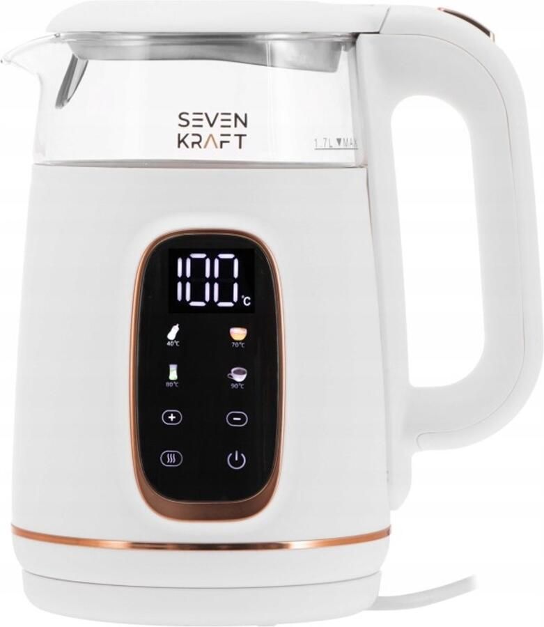 Sevenkraft Design Waterkoker wit 1 7L Instelbare Temperatuur (40-100°C) Waterkoker Retro Witte waterkoker met temperatuurregeling- Glas 2200W