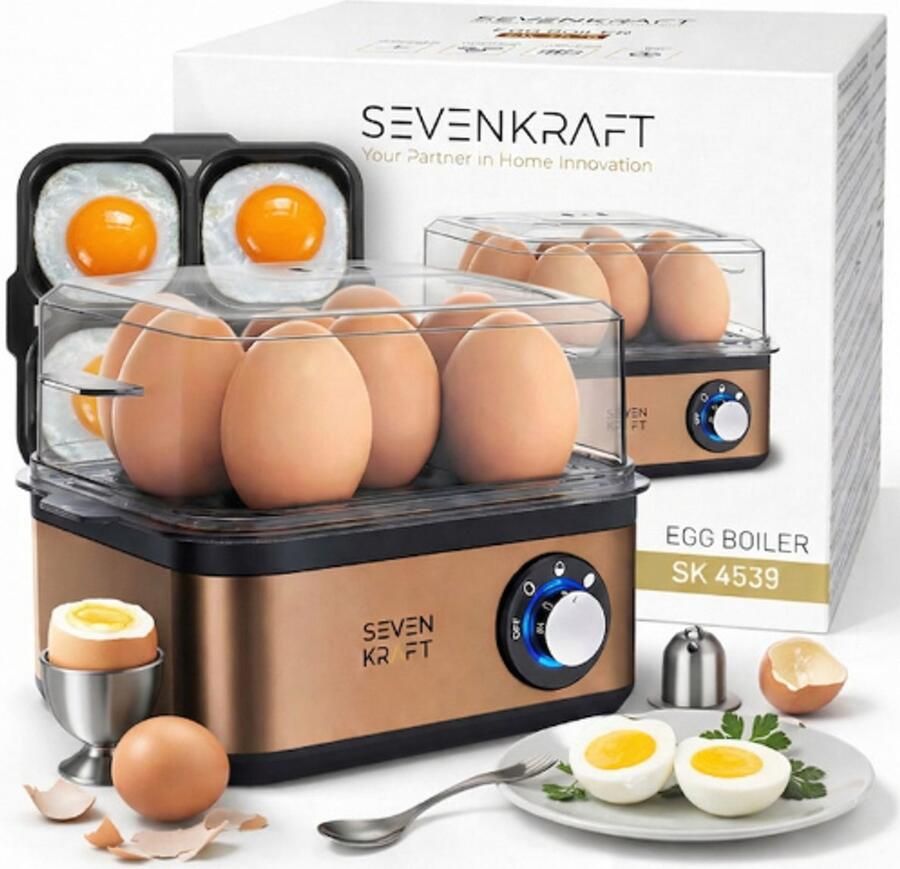 Sevenkraft Eierkoker 8 Eieren – Eikoker Automatisch met Timer & Signaal – Ei Koker RVS 800W – Inclusief Pocheerbakje – Zacht Medium Hard