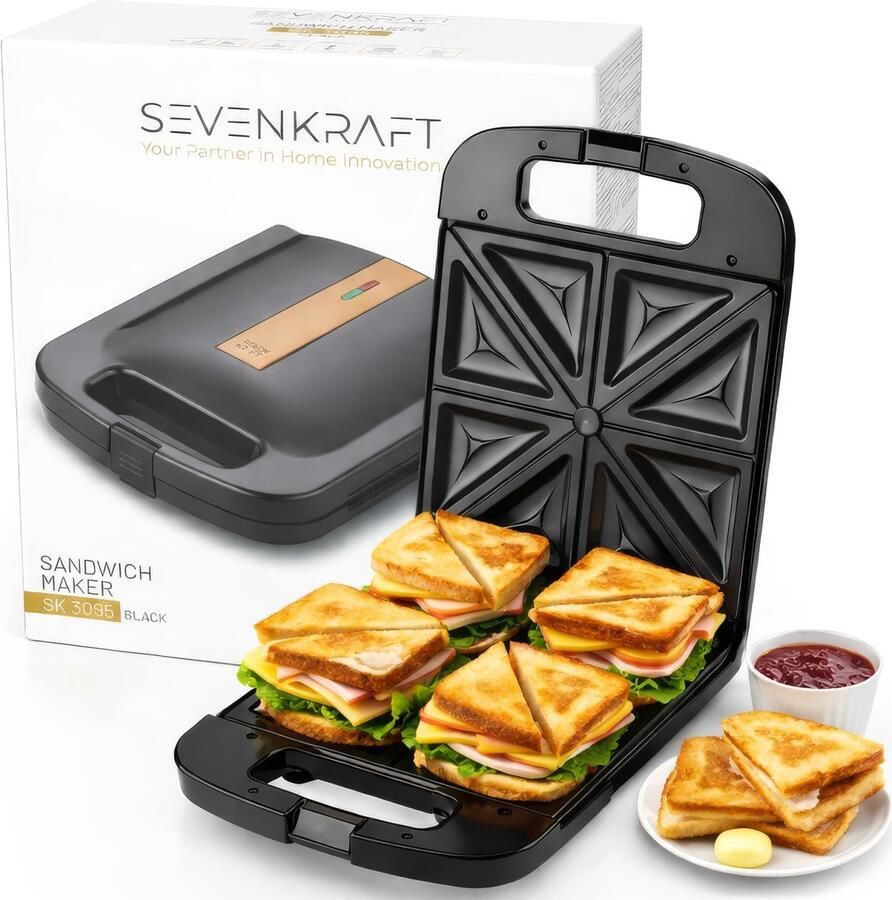 Sevenkraft Sandwichmaker Tosti IJzer Elektrisch – 4 Tosti s – 1400W Tosti apparaat – Antiaanbaklaag – Grote Bakplaten 24×22 cm SK3095