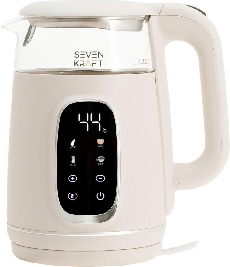 Sevenkraft Design Waterkoker 1 7L Instelbare Temperatuur (40-100°C) Beige Waterkoker Retro Waterkoker met temperatuurregeling- Glas 2200W