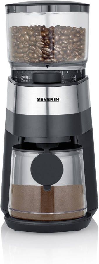 Severin KM 3880 Koffiemolen ca. 140 W aromatische biomassaschijfmolen variabele hoeveelhedendosering voor 2-4-6-8-10 kopjes maalgraad in 30 stappen groot transparant bonenreservoir van 240 g Poederreservoir (130 g) met aromakegel