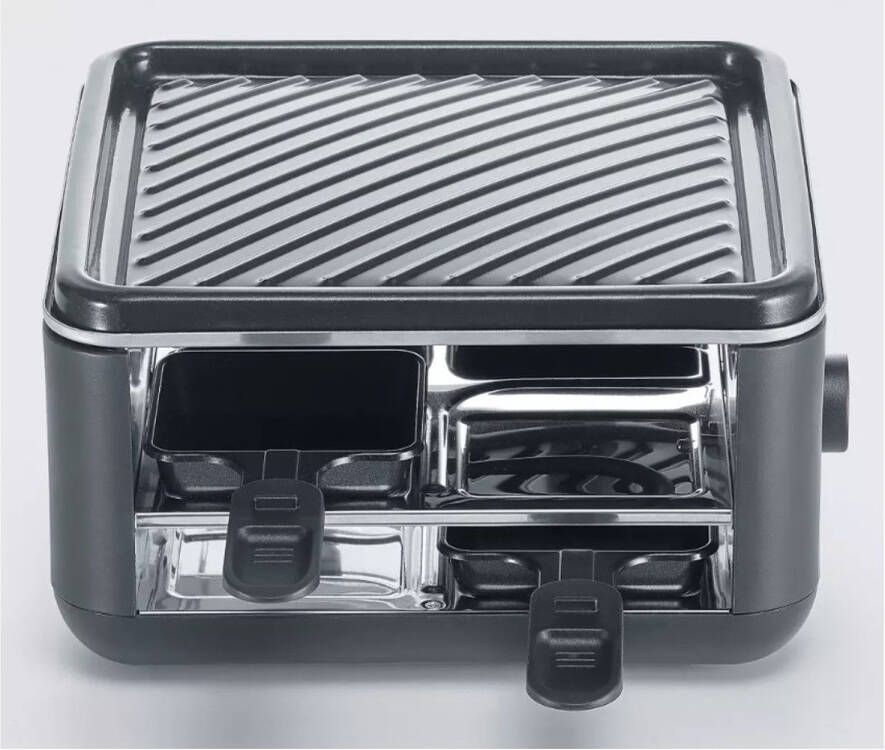 Severin RG 2360 Black Line Lite Mini gourmetstel 4 personen variabele temperatuurinstelling PFAS vrije baklaag vaatwasserbestendig 4 pannetjes met parkeerfunctie