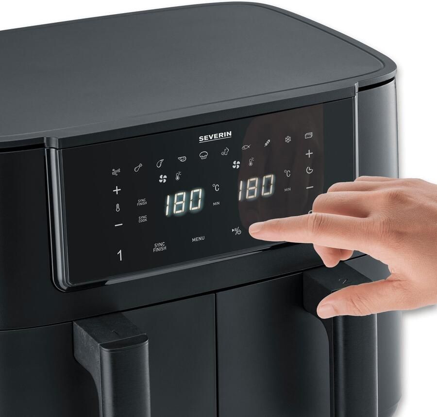 Severin FR 2463 Black Line Dual Dubbele airfryer Hetelucht friteuse Touchscreen 2x 4 liter 11 Automatische programma's Sync cook & finish – Zwart