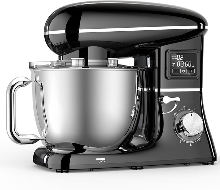 Shanna Digitale Keukenmachine – 1600W Zuiver Koper – Standmixer – Bakmachine 6 2L RVS Mengkom – Met LCD Timer Deeghaak Garde en Complete Bakaccessoires – Zwart
