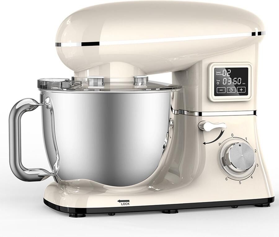 Shanna Digitale Keukenmachine – 1600W Zuiver Koper – Standmixer – Bakmachine 6 2L RVS Mengkom – Met LCD Timer Deeghaak Garde en Complete Bakaccessoires – Crèmewit