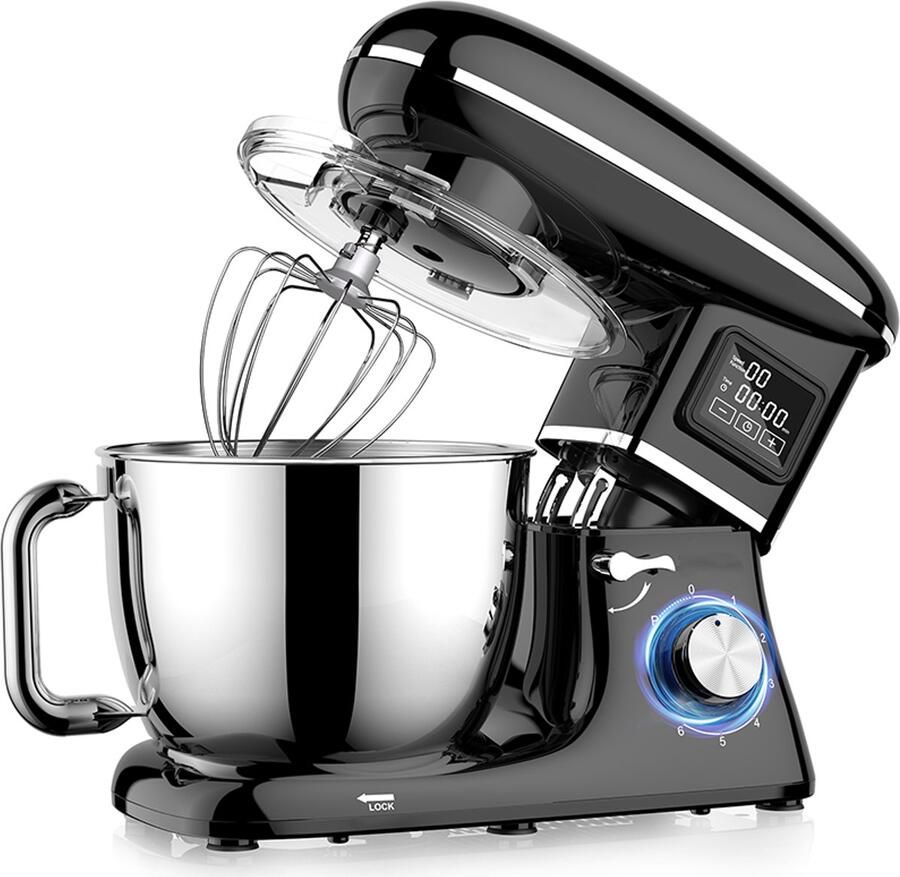 Shanna Digitale Keukenmachine – 1600W Zuiver Koper – Standmixer – Bakmachine 6 2L RVS Mengkom – Met LCD Timer Deeghaak Garde en Complete Bakaccessoires – Zwart