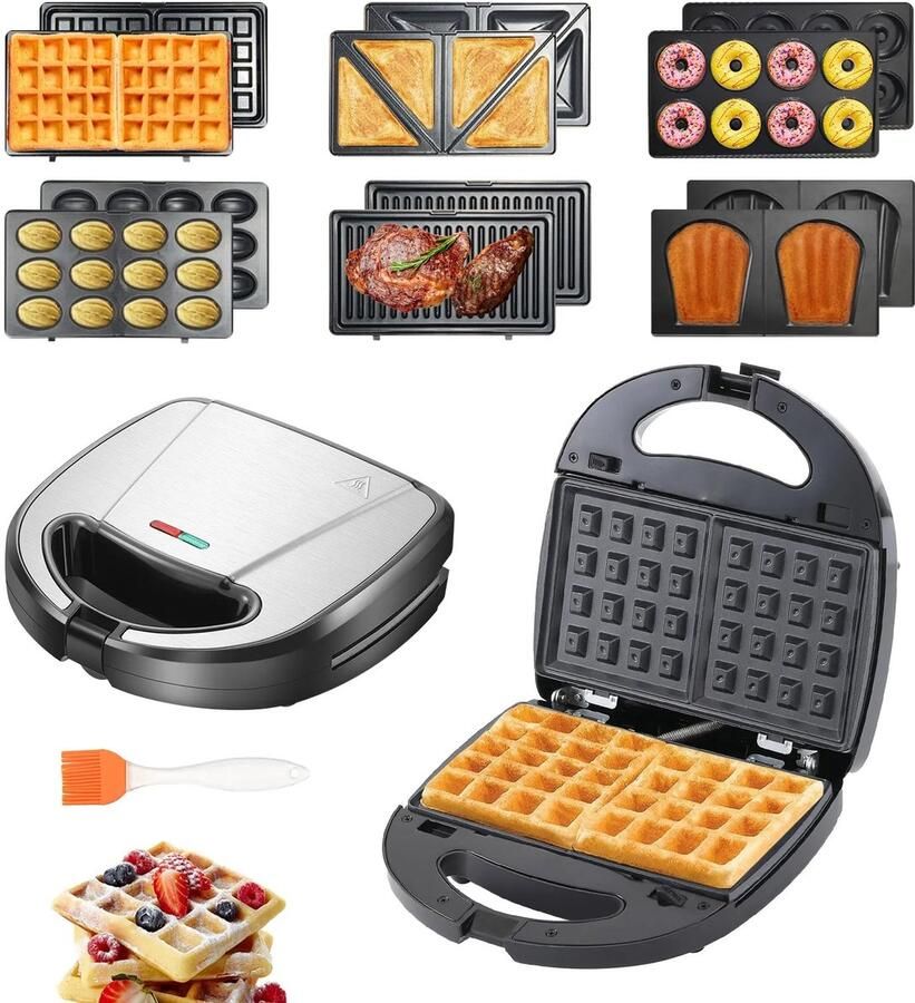 ShaSha Tosti-ijzers Broodrooster met tostiklemmen Multifunctionele tosti-ijzer Ontbijtmachine Met 6 verwijderbare antiaanbakgrillplaten Wafelijzer Snelle verwarming 750 W Zwart