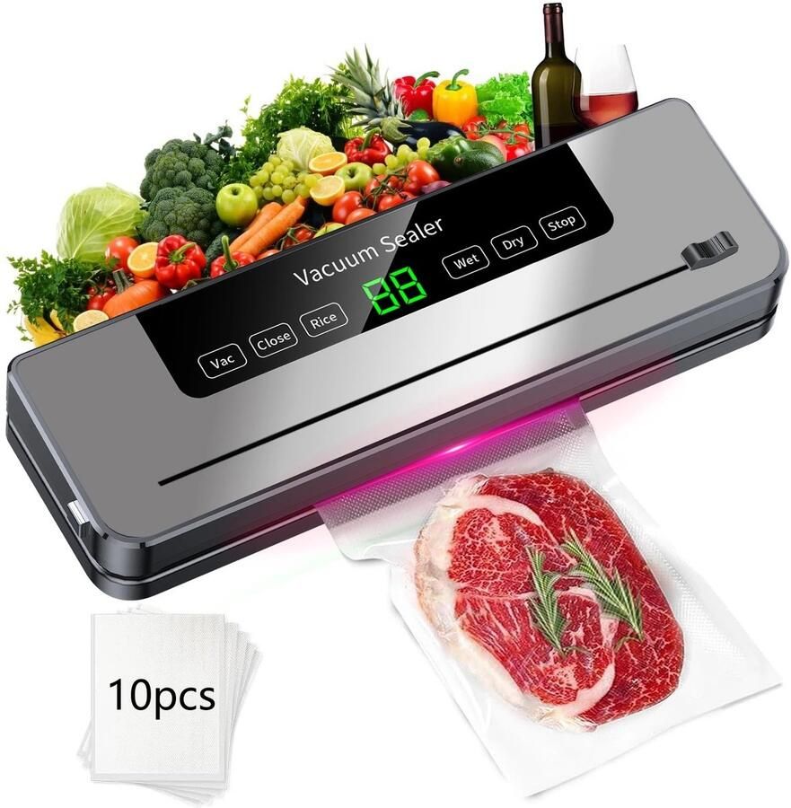 ShaSha Vacuüm sealer 220V Vacuüm voedsel sealer Vacuum sealer apparaat Voedselverpakkings machine Met gratis 10 stuks vacuümzakken Keukenapparaat Zilver