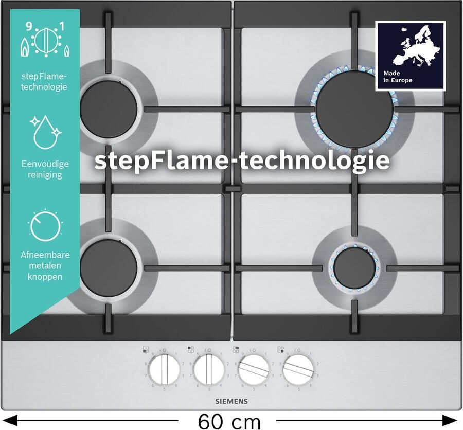 Siemens EC6A5PI90N iQ500 Gaskookplaat Inbouw 60 cm RVS