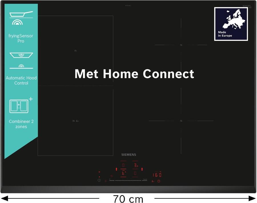 Siemens ED751HSC1E iQ500 Inductiekookplaat 70cm Home Connect combiZone: combineer probleemloos twee inductiezones fryingSensor Pro: Geniet van het koken zonder bang te zijn dat je het eten laat aanbranden