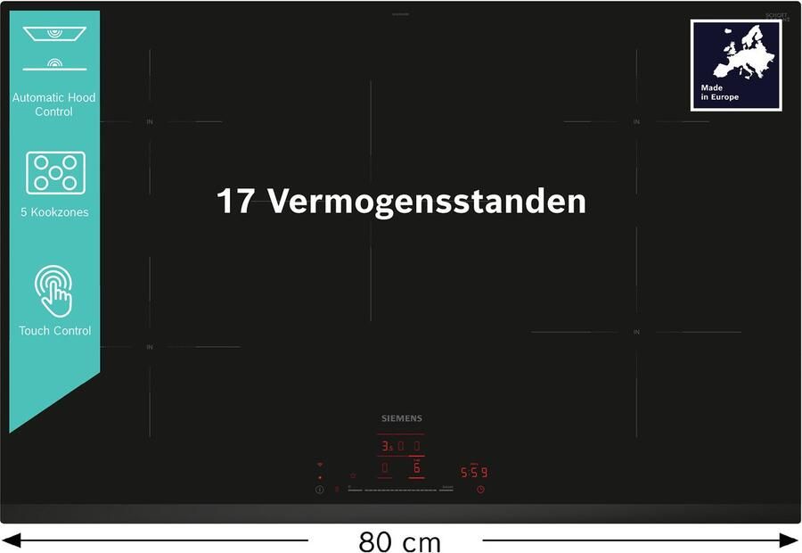 Siemens EH831HVB1E iQ100 Inbouw Inductiekookplaat 80cm Home Connect -touchSlider: controle over het vermogensniveau met een aanraking van je vinger