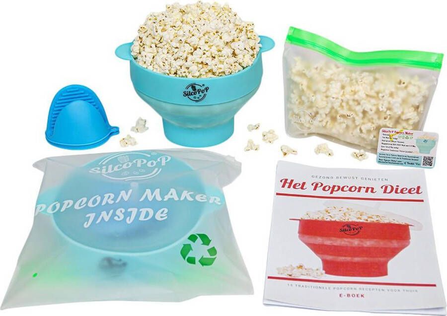 SilcoPoP 4in1 Popcorn Maker Bundle Blauw Siliconen Popcorn Popper Simpel & Opvouwbaar - Foto 1