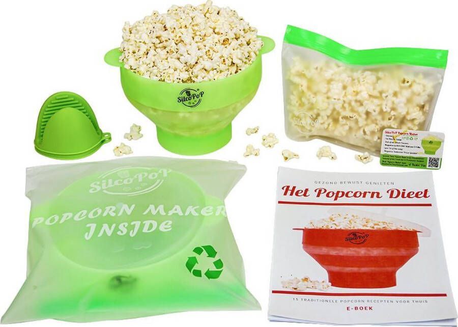 SilcoPoP 4in1 Popcorn Maker Bundle Groen Siliconen Popcorn Popper Simpel & Opvouwbaar - Foto 1