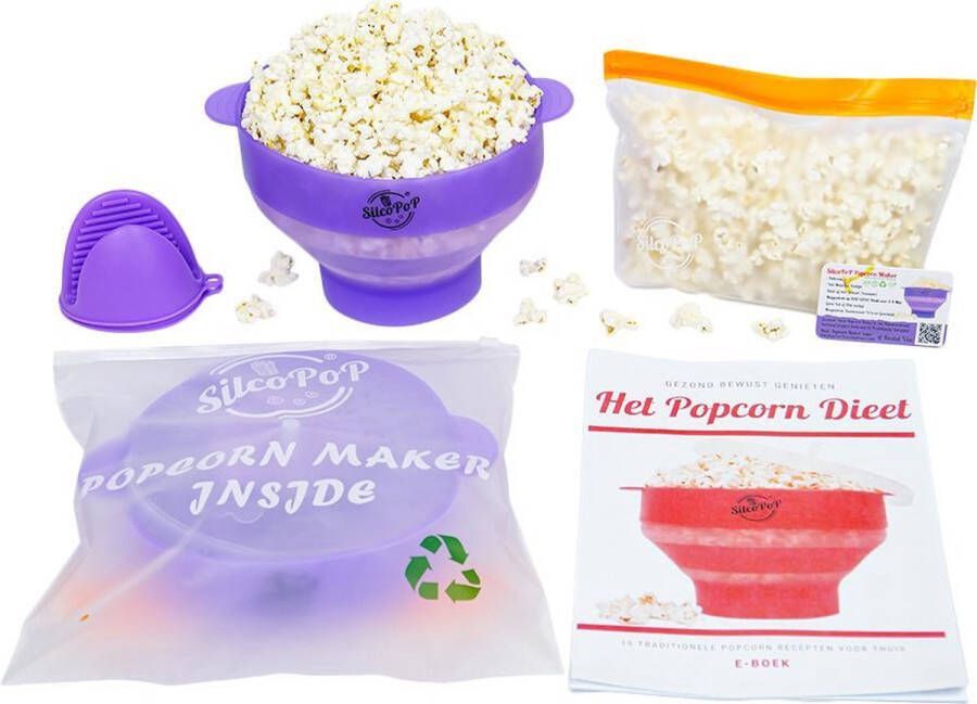 SilcoPoP 4in1 Popcorn Maker Bundle Paars Siliconen Popcorn Popper Simpel & Opvouwbaar - Foto 1
