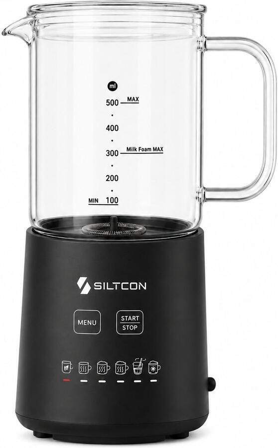 Siltcon 6-in-1 Melkopschuimer Glas Melkopschuimer Electrisch 600W – Melkschuimer – PFAS-vrij & BPA-vrij Warm & Koud Schuim Uitneembare Glazen Kan Vaatwasserbestendig Incl. Cleaning Brush Zwart